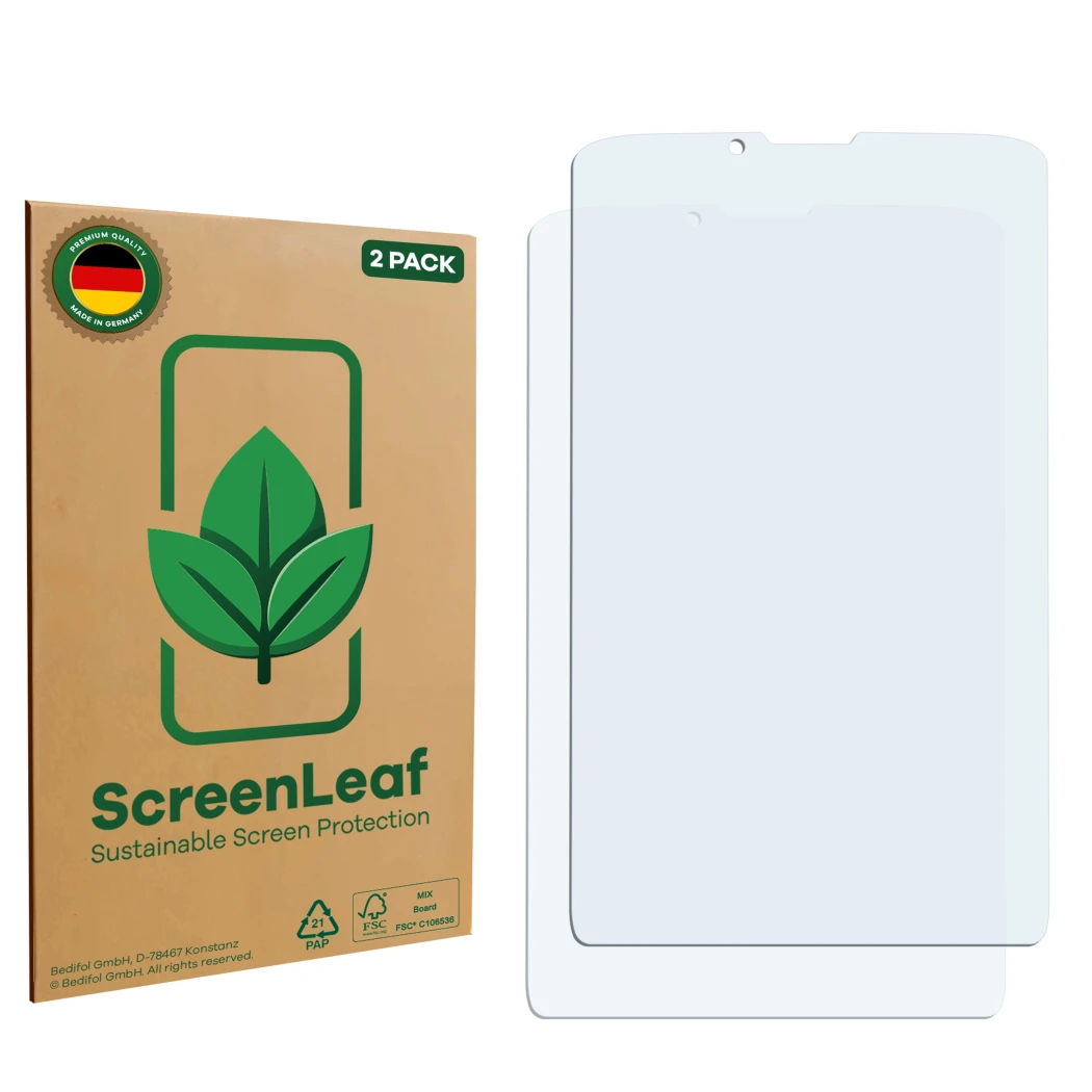 Face avant d’un emballage produit avec le logo de la marque ScreenLeaf. À côté se trouve la protection d’écran correspondante.