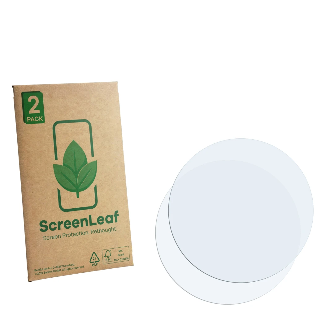 Face avant d’un emballage produit avec le logo de la marque ScreenLeaf. À côté se trouve la protection d’écran correspondante.