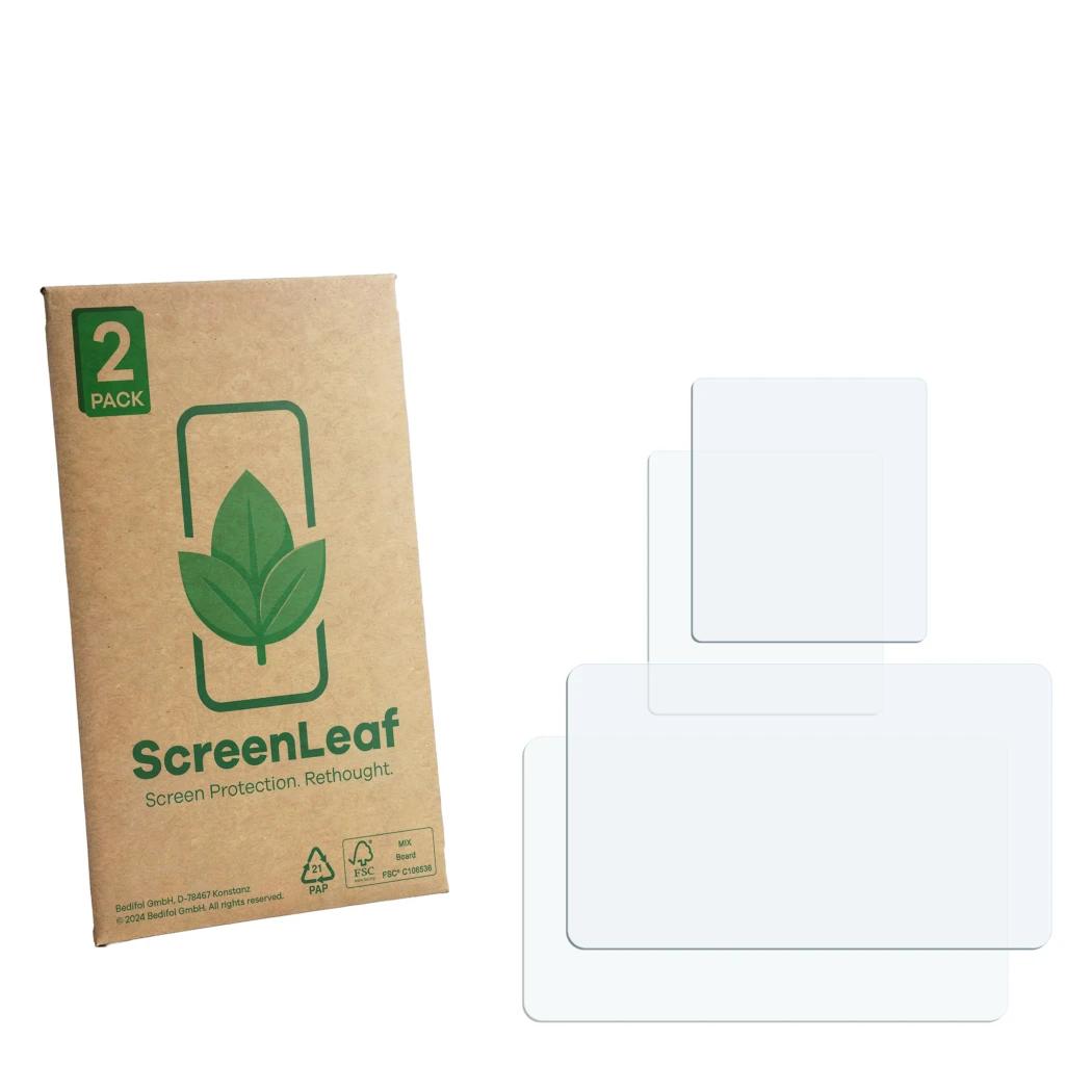 Face avant d’un emballage produit avec le logo de la marque ScreenLeaf. À côté se trouve la protection d’écran correspondante.