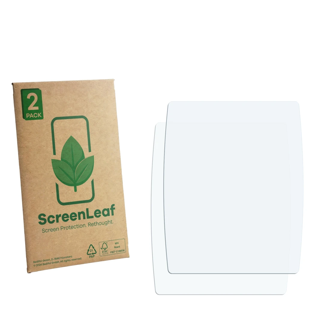 Face avant d’un emballage produit avec le logo de la marque ScreenLeaf. À côté se trouve la protection d’écran correspondante.