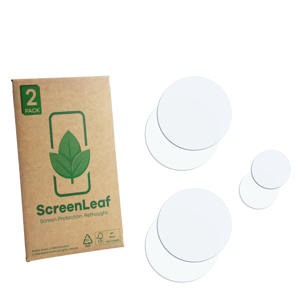 Face avant d’un emballage produit avec le logo de la marque ScreenLeaf. À côté se trouve la protection d’écran correspondante.