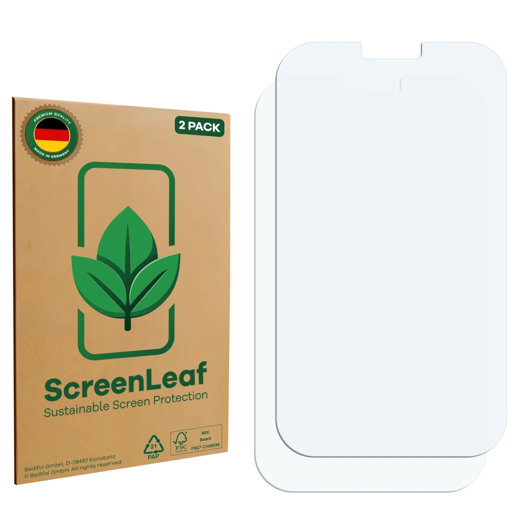 Face avant d’un emballage produit avec le logo de la marque ScreenLeaf. À côté se trouve la protection d’écran correspondante.