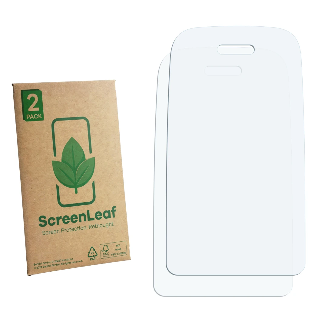 Face avant d’un emballage produit avec le logo de la marque ScreenLeaf. À côté se trouve la protection d’écran correspondante.