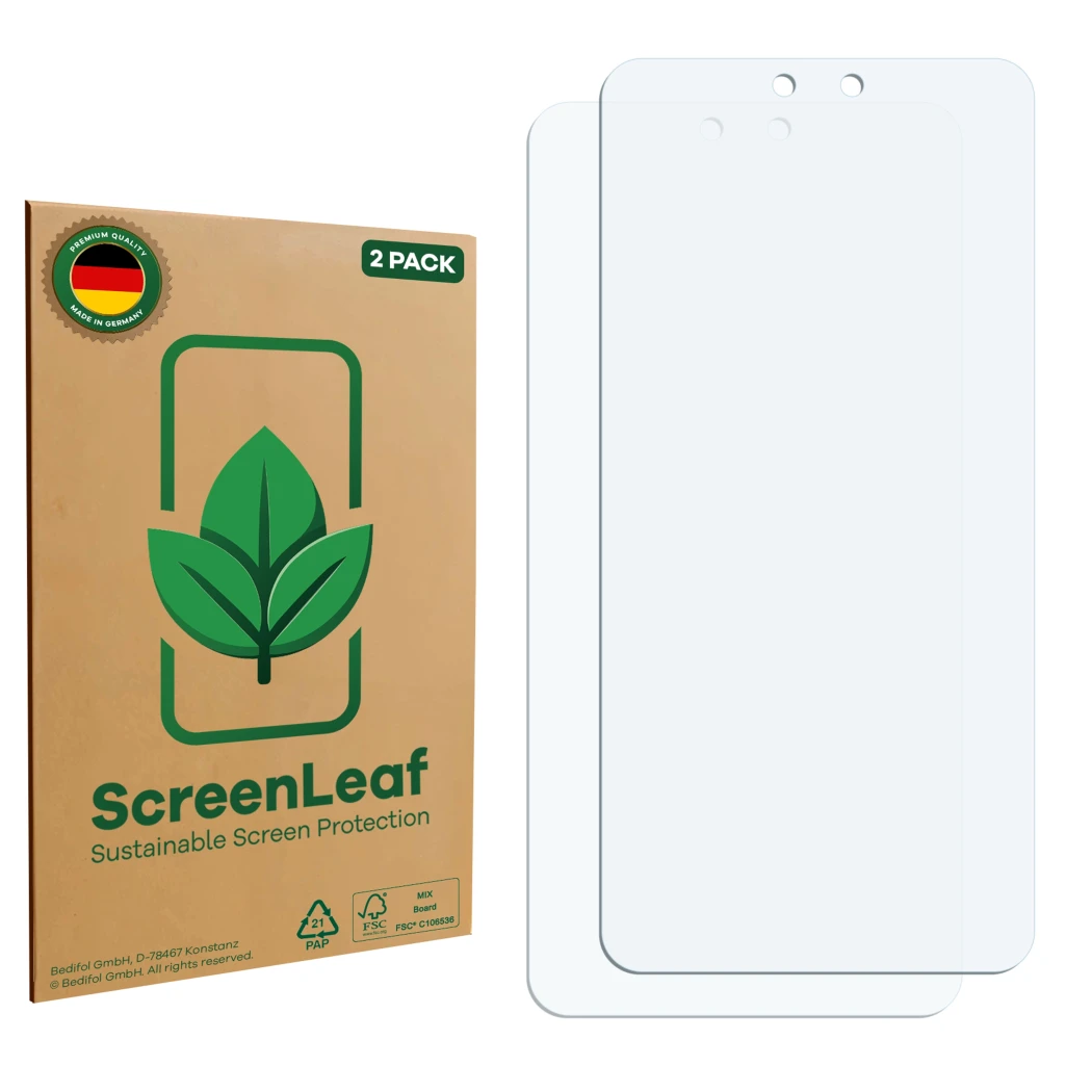 Face avant d’un emballage produit avec le logo de la marque ScreenLeaf. À côté se trouve la protection d’écran correspondante.