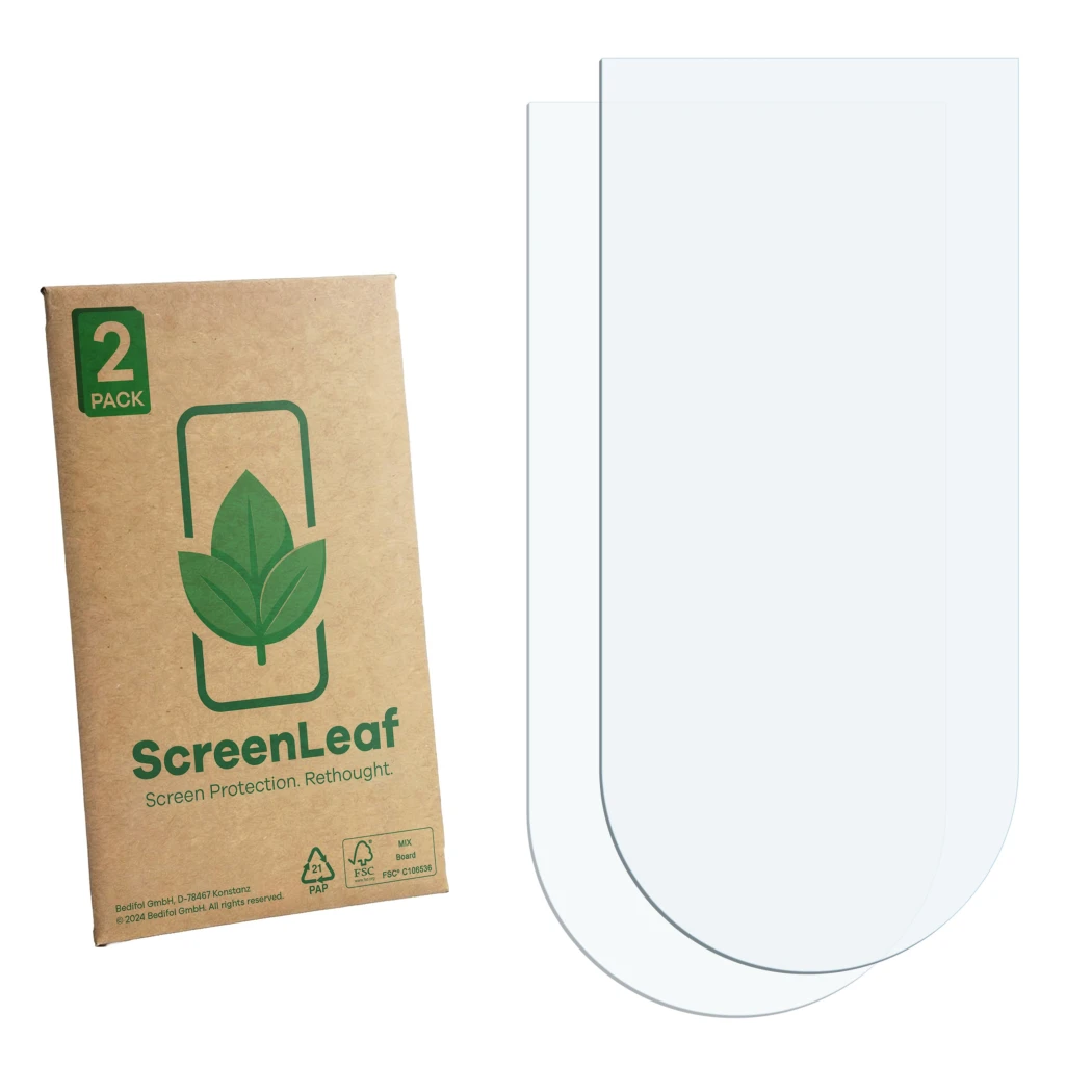 Face avant d’un emballage produit avec le logo de la marque ScreenLeaf. À côté se trouve la protection d’écran correspondante.