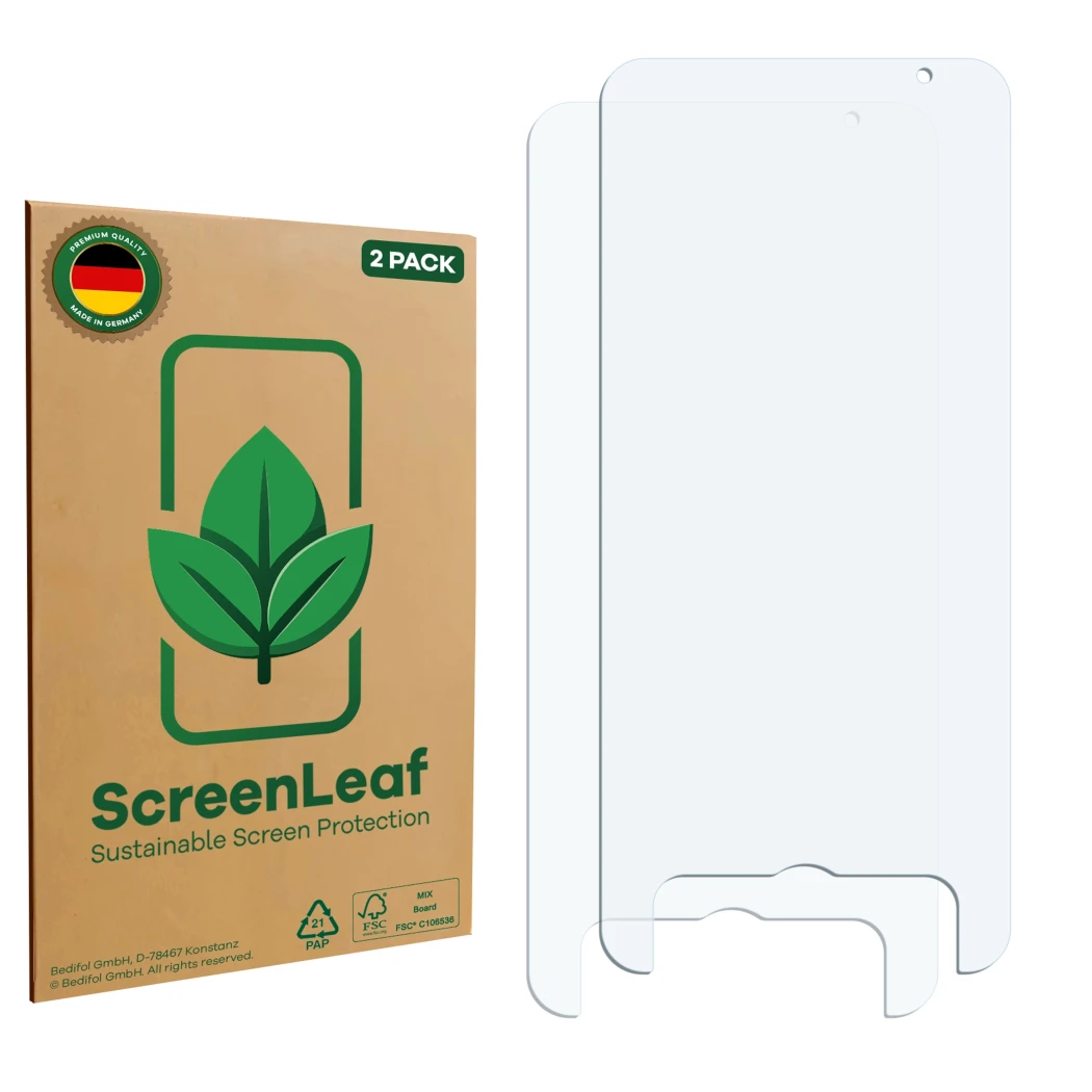 Face avant d’un emballage produit avec le logo de la marque ScreenLeaf. À côté se trouve la protection d’écran correspondante.