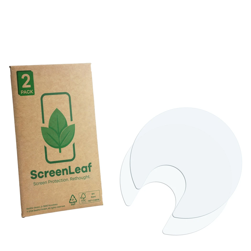 Face avant d’un emballage produit avec le logo de la marque ScreenLeaf. À côté se trouve la protection d’écran correspondante.
