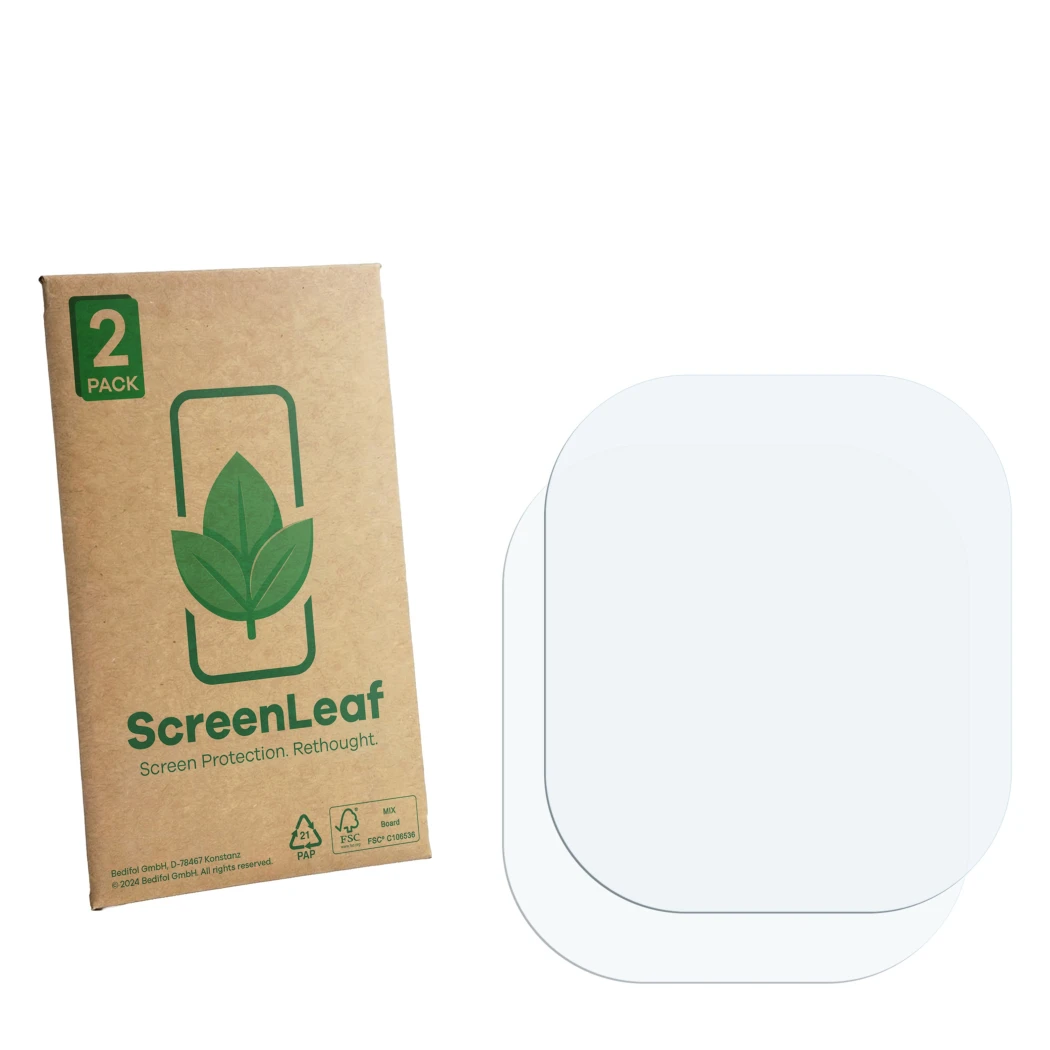 Face avant d’un emballage produit avec le logo de la marque ScreenLeaf. À côté se trouve la protection d’écran correspondante.