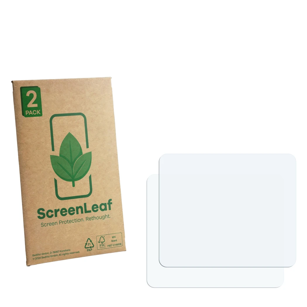 Face avant d’un emballage produit avec le logo de la marque ScreenLeaf. À côté se trouve la protection d’écran correspondante.
