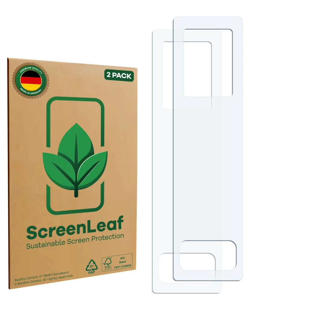 Face avant d’un emballage produit avec le logo de la marque ScreenLeaf. À côté se trouve la protection d’écran correspondante.