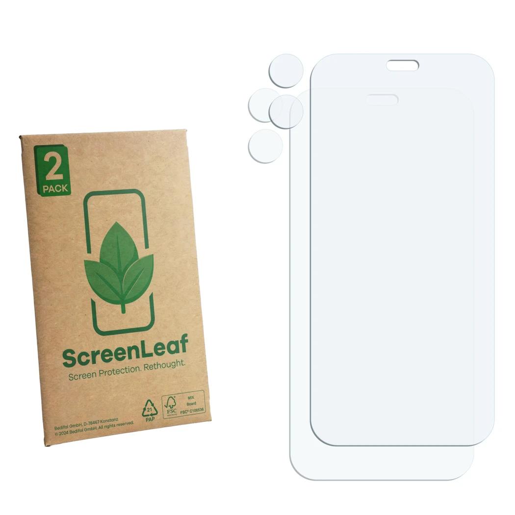 Face avant d’un emballage produit avec le logo de la marque ScreenLeaf. À côté se trouve la protection d’écran correspondante.