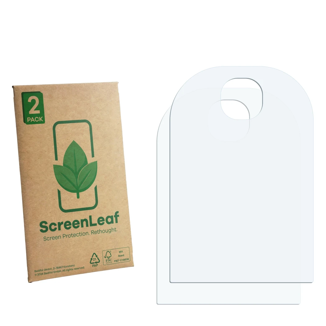 Face avant d’un emballage produit avec le logo de la marque ScreenLeaf. À côté se trouve la protection d’écran correspondante.