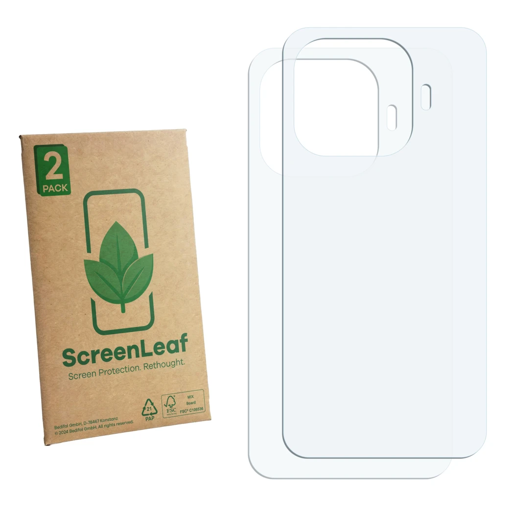 Face avant d’un emballage produit avec le logo de la marque ScreenLeaf. À côté se trouve la protection d’écran correspondante.