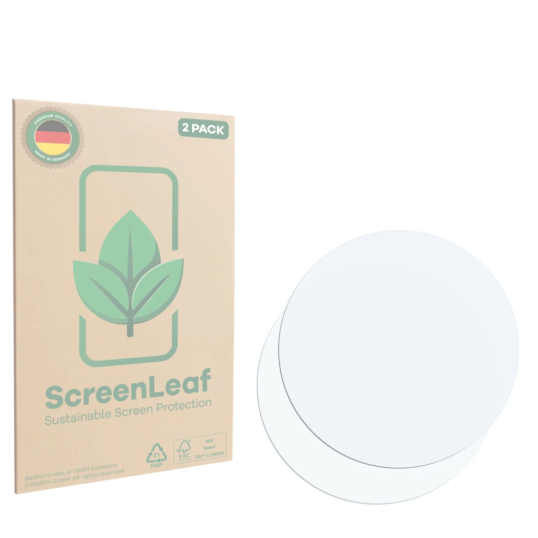 Face avant d’un emballage produit avec le logo de la marque ScreenLeaf. À côté se trouve la protection d’écran correspondante.