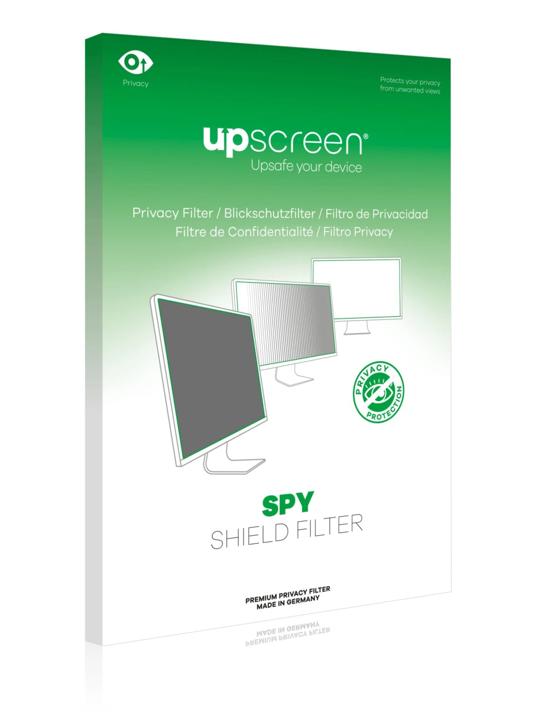 Face avant d’un emballage produit avec le logo de la marque upscreen