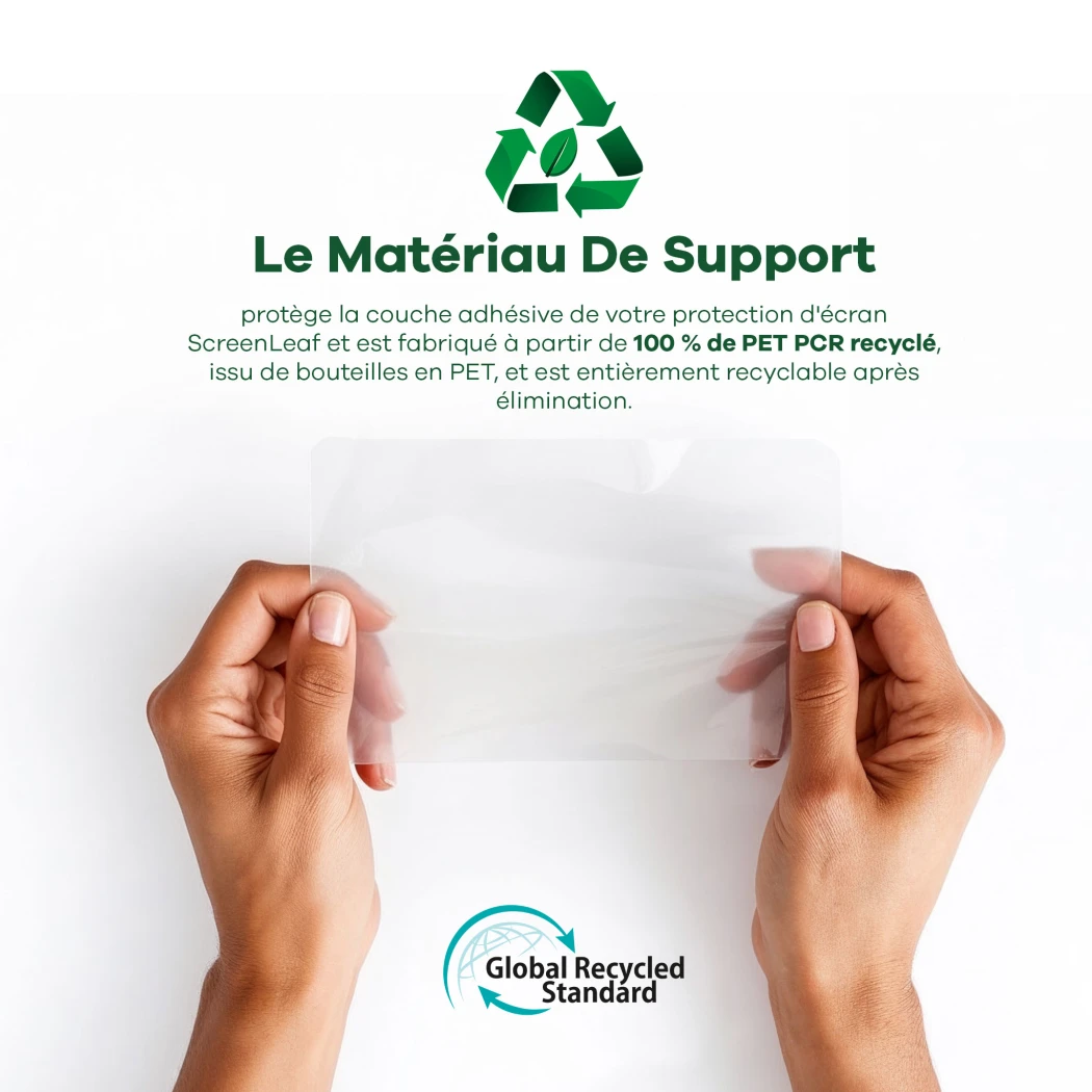 Informations sur le matériau support recyclé, composé à 100 % de PET PCR recyclé. En bas se trouve le logo du 