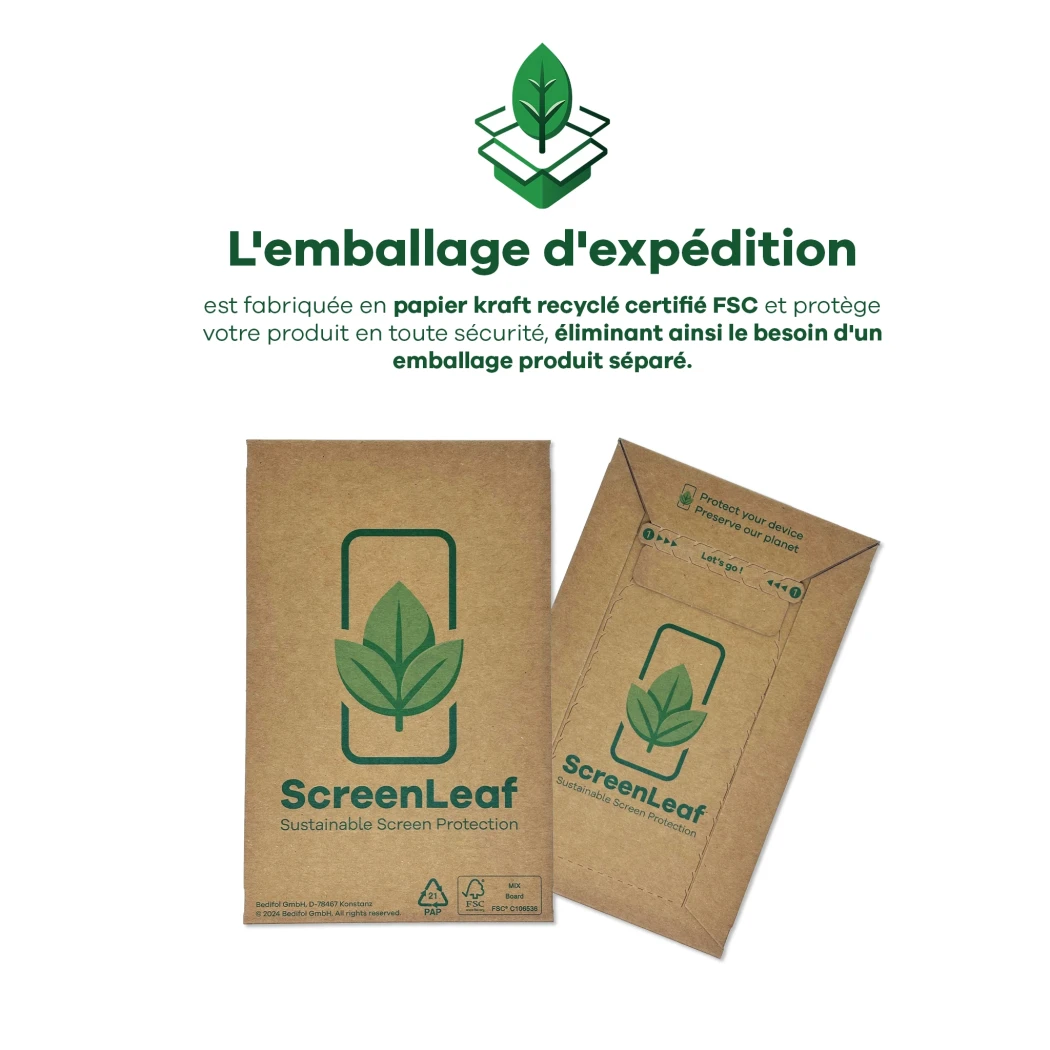 Informations sur l'enveloppe d'expédition, fabriquée en papier kraft recyclé certifié FSC. L'emballage est également représent