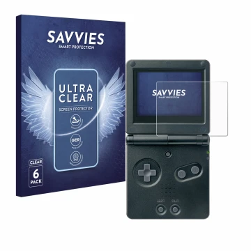 Face avant d’un emballage produit avec le logo de la marque Savvies. À côté, l’appareil Nintendo Gameboy Advance GBA SP est re