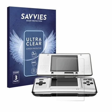 Face avant d’un emballage produit avec le logo de la marque Savvies. À côté, l’appareil Nintendo DS est représenté avec la pro