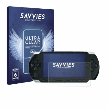 Face avant d’un emballage produit avec le logo de la marque Savvies. À côté, l’appareil Sony PSP 1000 est représenté avec la p