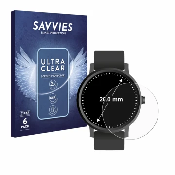 Face avant d’un emballage produit avec le logo de la marque Savvies. À côté, l’appareil Montres (Circulaire, ø: 20 mm) est rep