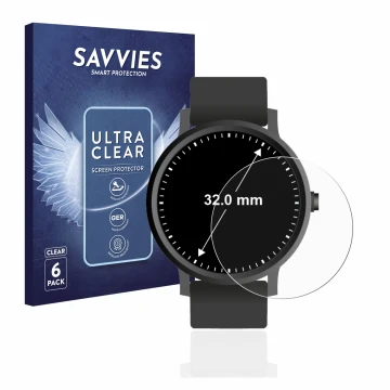 Face avant d’un emballage produit avec le logo de la marque Savvies. À côté, l’appareil Montres (Circulaire, ø: 32 mm) est rep