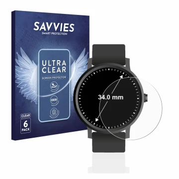 Face avant d’un emballage produit avec le logo de la marque Savvies. À côté, l’appareil Montres (Circulaire, ø: 34 mm) est rep
