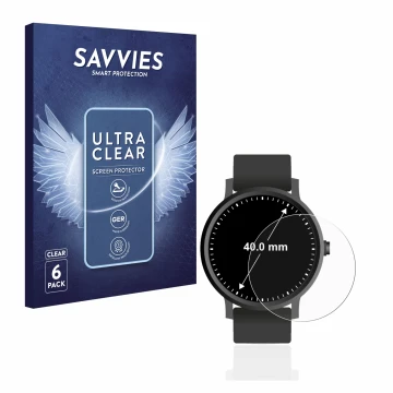 Face avant d’un emballage produit avec le logo de la marque Savvies. À côté, l’appareil Montres (Circulaire, ø: 40 mm) est rep
