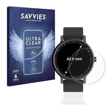 Face avant d’un emballage produit avec le logo de la marque Savvies. À côté, l’appareil Montres (Circulaire, ø: 42 mm) est rep