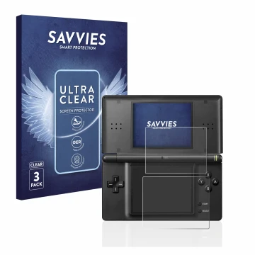 Face avant d’un emballage produit avec le logo de la marque Savvies. À côté, l’appareil Nintendo DS LITE est représenté avec l