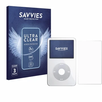 Face avant d’un emballage produit avec le logo de la marque Savvies. À côté, l’appareil Apple iPod Classic Video (Avant+Arrièr