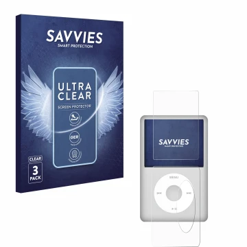 Face avant d’un emballage produit avec le logo de la marque Savvies. À côté, l’appareil Apple iPod Classic (Avant+Arrière, 5.5