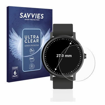 Face avant d’un emballage produit avec le logo de la marque Savvies. À côté, l’appareil Montres (Circulaire, ø: 27 mm) est rep