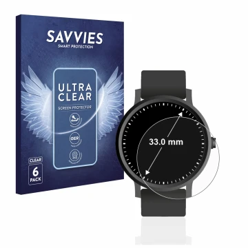 Face avant d’un emballage produit avec le logo de la marque Savvies. À côté, l’appareil Montres (Circulaire, ø: 33 mm) est rep