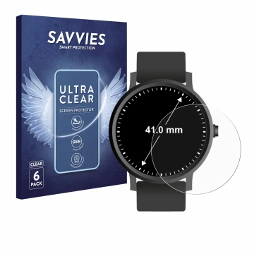 Face avant d’un emballage produit avec le logo de la marque Savvies. À côté, l’appareil Montres (Circulaire, ø: 41 mm) est rep