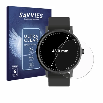 Face avant d’un emballage produit avec le logo de la marque Savvies. À côté, l’appareil Montres (Circulaire, ø: 43 mm) est rep