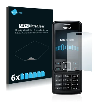 Face avant d’un emballage produit avec le logo de la marque Savvies. À côté, l’appareil Nokia 6300 2007 est représenté avec la