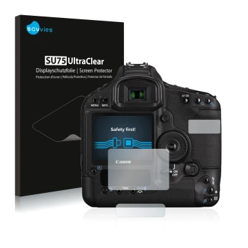 Face avant d’un emballage produit avec le logo de la marque Savvies. À côté, l’appareil Canon EOS 1D Mark III est représenté a