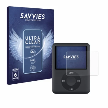 Face avant d’un emballage produit avec le logo de la marque Savvies. À côté, l’appareil Apple iPod nano (3ème Gen.) est représ