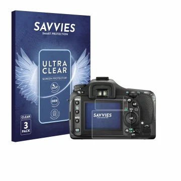 Face avant d’un emballage produit avec le logo de la marque Savvies. À côté, l’appareil Pentax K20D est représenté avec la pro