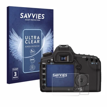Face avant d’un emballage produit avec le logo de la marque Savvies. À côté, l’appareil Canon EOS 5D Mark II est représenté av