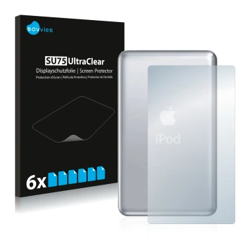 Face avant d’un emballage produit avec le logo de la marque Savvies. À côté, l’appareil Apple iPod classic 120 GB (Arrière, 7è