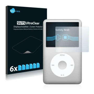 Face avant d’un emballage produit avec le logo de la marque Savvies. À côté, l’appareil Apple iPod classic 120 GB (7ème Gen.) 