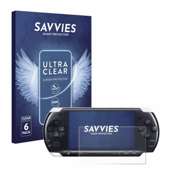 Face avant d’un emballage produit avec le logo de la marque Savvies. À côté, l’appareil Sony PSP 3000 est représenté avec la p