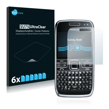 Face avant d’un emballage produit avec le logo de la marque Savvies. À côté, l’appareil Nokia E72 est représenté avec la prote