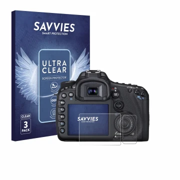 Face avant d’un emballage produit avec le logo de la marque Savvies. À côté, l’appareil Canon EOS 7D est représenté avec la pr