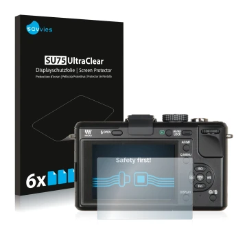 Face avant d’un emballage produit avec le logo de la marque Savvies. À côté, l’appareil Panasonic Lumix DMC-GF1 est représenté