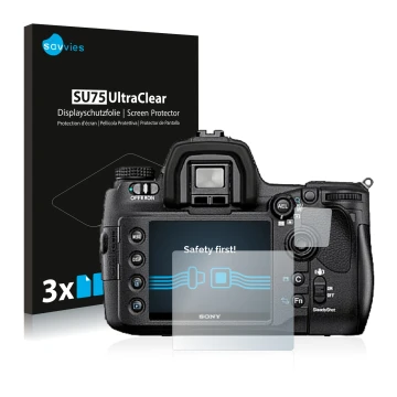 Face avant d’un emballage produit avec le logo de la marque Savvies. À côté, l’appareil Sony Alpha 850 (DSLR-A850) est représe