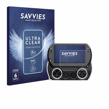 Face avant d’un emballage produit avec le logo de la marque Savvies. À côté, l’appareil Sony PSP Go est représenté avec la pro