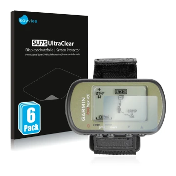 Face avant d’un emballage produit avec le logo de la marque Savvies. À côté, l’appareil Garmin Foretrex 401 est représenté ave